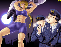Rule 34 | 1girl, 2boys, abs, armpits, arms up, belt, bike shorts, blonde hair, blue eyes, braid, breasts, cleavage, clenched teeth, crop top, covered erect nipples, giant, giantess, glasses, hat, holding, large breasts, long hair, mecha, midriff, moon, multiple boys, muscular, necktie, night, omc, outdoors, police, police uniform, ponytail, robot, sky, smile, sports bra, sweat, teeth, type43, uniform