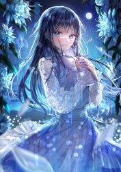 Rule 34 | 1girl, black hair, blue dress, blue eyes, blue flower, blue theme, blurry, blurry background, bokeh, commentary request, crossed bangs, depth of field, dress, flower, full moon, highres, light particles, long hair, long sleeves, moon, night, night sky, original, own hands together, parted bangs, parted lips, sakura (39ra), sky, solo, star (sky), starry sky, teardrop, tearing up, turtleneck, turtleneck dress, upper body