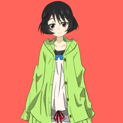 Rule 34 | 10s, 1girl, bad id, bad pixiv id, black eyes, black hair, blue shorts, cardigan, casual, closed mouth, girls und panzer, green sweater, hair ornament, hairclip, hood, hoodie, kisaragi yukitora, light smile, long sleeves, looking at viewer, open cardigan, open clothes, pink background, shirt, short hair, shorts, solo, standing, sweater, upper body, utsugi yuuki, white shirt