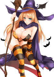 Rule 34 | 1girl, bad id, bad pixiv id, bat (animal), blonde hair, blue eyes, breasts, cleavage, hat, highres, large breasts, long hair, minamon (vittel221), original, simple background, solo, staff, striped clothes, striped thighhighs, thighhighs, white background, witch hat
