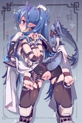Rule 34 | 1girl, anus, arknights, arms behind back, bdsm, black thighhighs, blue eyes, blue hair, bondage, bound, bound arms, breasts, censored, commission, dragon horns, dragon tail, exoskeleton, hair between eyes, highres, horns, imazawa, ling (arknights), long hair, looking at viewer, pointy ears, pussy, resolution mismatch, restrained, reverse prayer, second-party source, short shorts, shorts, solo, source larger, spread pussy, tail, thighhighs, toeless legwear, very long hair