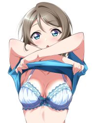 Rule 34 | 1girl, birthday, blue eyes, borgbutler, breasts, brown hair, cleavage, looking at viewer, love live!, love live! sunshine!!, outdoors, short hair, short sleeves, solo, watanabe you