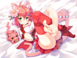 Rule 34 | 1girl, ahoge, alternate costume, animal ear fluff, animal ears, barefoot, bed, bed sheet, blush, breasts, bridal gauntlets, cat, cat ears, cat tail, cleavage, cleavage cutout, closed mouth, clothing cutout, commentary, feet, flower, gloves, green eyes, hair between eyes, hair flower, hair ornament, hairclip, highres, hololive, japanese clothes, kintoki (sakura miko), legs up, looking at viewer, lying, medium breasts, moeki yuuta, nontraditional miko, on back, panties, pink panties, red gloves, red hair, red thighhighs, sakura miko, sakura miko (old design), short hair, single thighhigh, sleeveless, solo, tail, thighhighs, toes, tsurime, underwear, virtual youtuber
