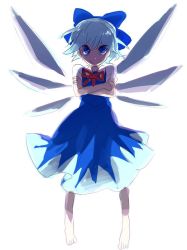 Rule 34 | 1girl, backlighting, barefoot, bow, cirno, embodiment of scarlet devil, female focus, full body, simple background, solo, standing, touhou, v-shaped eyebrows, white background, wings