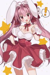 Rule 34 | !, 1girl, animal ears, antenna hair, artist name, bare shoulders, blush, breasts, choker, cleavage, collarbone, commentary, contrapposto, cowboy shot, di gi charat, dice hair ornament, dress, english commentary, frilled dress, frills, hair ornament, hair ribbon, hand on own hip, heart, index finger raised, long hair, looking at viewer, medium breasts, mochii, open mouth, pink eyes, pink hair, puffy short sleeves, puffy sleeves, rabbit ears, ribbon, ribbon choker, round teeth, short sleeves, solo, spoken exclamation mark, standing, star (symbol), teeth, twintails, usada hikaru, very long hair