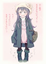 Rule 34 | 1girl, akatsuki (kancolle), alternate costume, bag, black pantyhose, blue eyes, blue footwear, blue hair, blue jacket, blush, boots, child, coat, d:, dress, flying sweatdrops, full body, gomennasai, hair between eyes, handbag, hands in opposite sleeves, hat, high heel boots, high heels, highres, jacket, kantai collection, long hair, long sleeves, looking at viewer, open mouth, oversized clothes, pantyhose, pigeon-toed, pink background, pink dress, solo, translation request, trembling