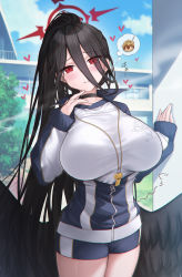 Rule 34 | 1girl, black choker, black hair, black wings, blue archive, blue jacket, blue sky, breasts, choker, cloud, commentary request, day, food, gym uniform, hair between eyes, halo, hasumi (blue archive), hasumi (track) (blue archive), heart, heart-shaped pupils, highres, huge breasts, imagining, jacket, long hair, long sleeves, looking at viewer, low wings, mirukurim, multicolored clothes, multicolored jacket, official alternate costume, outdoors, parted lips, ponytail, red eyes, shirt, sky, solo, standing, symbol-shaped pupils, thighs, track jacket, two-tone jacket, whistle, whistle around neck, white jacket, white shirt, wings, zipper