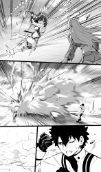 Rule 34 | 1boy, 2girls, battle, breasts, cloud, comic, commentary request, explosion, fate/grand order, fate (series), feather hair ornament, feathers, from behind, fujimaru ritsuka (male), fujimaru ritsuka (male) (decisive battle chaldea uniform), gloves, greyscale, hair ornament, highres, hirunagi, holding, holding weapon, holding whip, jacket, kukulkan (fate), kukulkan (first ascension) (fate), long hair, monochrome, multiple girls, navel, one eye closed, outdoors, pants, short hair, short shorts, shorts, sky, small breasts, stomach, sweatdrop, tenochtitlan (fate), tenochtitlan (first ascension) (fate), uniform, weapon, whip