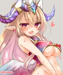 Rule 34 | 1girl, bad id, bad pixiv id, blonde hair, blush, bottomless, bouncing breasts, breasts, covering privates, covering crotch, demon girl, earrings, embarrassed, fang, feathered wings, finger to mouth, grey background, heart, heart earrings, horns, jewelry, lilith (p&amp;d), long hair, low wings, mashiro miru, medium breasts, navel, open mouth, out-of-frame censoring, pointy ears, puzzle &amp; dragons, red eyes, solo, sweat, twitter username, underboob, wings