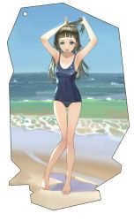 Rule 34 | 1girl, absurdres, adjusting hair, armpits, arms up, barefoot, beach, black hair, blue eyes, blue one-piece swimsuit, blunt bangs, breasts, cloud, da (datako), feet, full body, gluteal fold, hair tie, highres, legs, long hair, mouth hold, ocean, one-piece swimsuit, original, outdoors, school swimsuit, sky, small breasts, solo, swimsuit, thigh gap, thighs, toes, transparent background