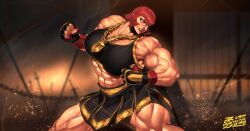 Rule 34 | 1girl, abs, black bra, black gloves, bra, chain, clenched hand, fighting stance, gloves, gold chain, gold necklace, highres, jewelry, marisa (street fighter), muscular, muscular female, necklace, partially fingerless gloves, red hair, short hair, sports bra, spunkyramaz, street fighter, street fighter 6, underwear