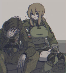 1boy 1girl ammunition ammunition_pouch arm_pouch b1-517 belt bike_shorts blonde_hair body_armor borrowed_character breasts brown_hair bulletproof_vest camouflage camouflage_jacket camouflage_pants cargo_pants collar comforting digital_camouflage gloves hand_on_own_forehead headpat highres jacket knee_pads load_bearing_vest long_hair looking_at_another looking_down magazine_(weapon) medium_breasts messy_hair military military_combat_uniform military_fatigues military_jacket military_uniform original pants patch ponytail pouch russia russian_flag russo-ukrainian_war sad short_hair shoulder_patch sidelocks sitting soldier thighhighs vesna_(dutchko) zettai_ryouiki