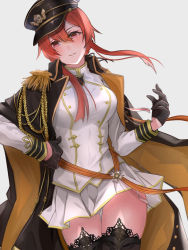 Rule 34 | 1girl, aiguillette, artist request, azur lane, black gloves, black headwear, black thighhighs, buttons, cloak, double-breasted, epaulettes, gloves, gold trim, half gloves, highres, jacket, long hair, looking at viewer, miniskirt, monarch (azur lane), red eyes, red hair, simple background, skirt, solo, thigh gap, thighhighs, thighs, turret, white jacket, white skirt, zettai ryouiki
