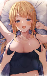 Rule 34 | 1boy, 1girl, :o, armpits, arms up, black tank top, blonde hair, blush, grabbing another&#039;s breast, breasts, cleavage, commentary request, covered erect nipples, crop top, grabbing, hachimiya meguru, half-closed eyes, highres, idolmaster, idolmaster shiny colors, large breasts, looking at viewer, lying, on back, pov, pov hands, solo, tank top, tansan gitune, twintails, upper body