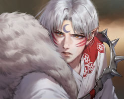 Rule 34 | 1boy, absurdres, crescent, crescent facial mark, facial mark, forehead mark, highres, inuyasha, japanese clothes, male focus, orange eyes, parted lips, pointy ears, portrait, ryeowon kwon, sesshoumaru, solo, spikes, whisker markings, white hair