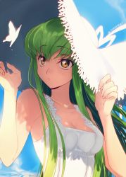 Rule 34 | 1girl, animal, armpits, artist name, bare shoulders, blue sky, breasts, bug, butterfly, c.c., cleavage, cloud, code geass, creayus, day, dress, eyebrows, from below, green hair, hat, insect, long hair, looking to the side, medium breasts, signature, sky, sleeveless, sleeveless dress, solo, sun hat, sundress, sunlight, very long hair, white dress, white hat, yellow eyes