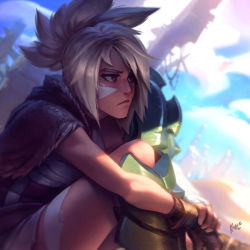 Rule 34 | 1girl, :&lt;, artist name, brown hair, closed mouth, day, facepaint, from side, highres, kienan lafferty, league of legends, hugging own legs, nose, outdoors, riven (league of legends), short hair, silver hair, sitting, solo, spiked hair