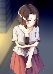 Rule 34 | 1girl, bag, blush, breasts, brown eyes, brown hair, cleavage, embarrassed, hand on own arm, holding, holding bag, looking at viewer, medium breasts, mizumok1, morinome shinako, night, outdoors, red skirt, short hair, short sleeves, skirt, smile, solo, standing, yesterday wo utatte