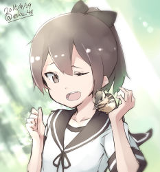 Rule 34 | 10s, 1girl, 2015, animal, artist name, brown eyes, brown hair, commentary request, dated, hair ribbon, highres, kantai collection, long hair, mku, nut (food), one eye closed, open mouth, ponytail, ribbon, school uniform, serafuku, shikinami (kancolle), smile, solo, squirrel, twitter username