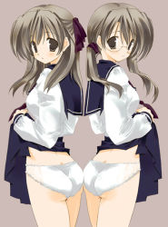 Rule 34 | 2girls, ass, ass-to-ass, back-to-back, blush, bow, butt crack, clothes lift, frilled panties, frills, glasses, grey eyes, hair bow, lifted by self, looking back, multiple girls, original, panties, pleated skirt, school uniform, serafuku, siblings, silver hair, sisters, skirt, skirt lift, standing, takanae kyourin, twins, twintails, underwear, white panties