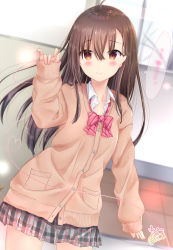 Rule 34 | 1girl, :3, ahoge, blue sky, blush, bow, brown cardigan, brown eyes, brown hair, cardigan, closed mouth, collarbone, collared shirt, commentary request, day, diagonal stripes, dress shirt, fingernails, grey skirt, hair between eyes, highres, indoors, long hair, long sleeves, looking at viewer, maruma (maruma gic), original, plaid, plaid skirt, pleated skirt, red bow, shirt, signature, skirt, sky, sleeves past wrists, solo, string around finger, striped, striped bow, tile floor, tiles, translation request, very long hair, white shirt, window