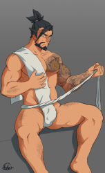 Rule 34 | 1boy, abs, absurdres, bara, body hair, bulge, dressing, hanzo (overwatch), highres, male focus, muscular, overwatch, overwatch 1, solo, tagme, tattoo