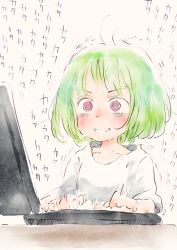 Rule 34 | 1girl, @ @, afterimage, brown background, clenched teeth, collarbone, commentary request, computer, gomennasai, green hair, laptop, original, pink eyes, shirt, short sleeves, simple background, solo, teeth, upper body, v-shaped eyebrows, white shirt