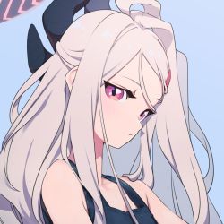 Rule 34 | 1girl, bare shoulders, blue archive, blue background, closed mouth, grey hair, hair ornament, hairclip, halo, highres, hina (blue archive), hina (swimsuit) (blue archive), horns, light blush, long hair, looking at viewer, pink eyes, portrait, school swimsuit, sidelocks, simple background, solo, swimsuit, urayamashiro (artist)