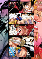 Rule 34 | 1girl, 6+boys, absurdres, age difference, alternate form, attack, beard, big nose, black hair, blonde hair, blood, blood on face, bruise, charlotte linlin, earrings, eustass kid, explosion, facial hair, facial scar, fighting, green hair, grin, happy, hat, highres, incoming attack, injury, japanese clothes, jewelry, kaidou (one piece), killer (one piece), kimono, lipstick, looking at viewer, looking to the side, makeup, mask, monkey d. luffy, multiple boys, mustache, oda eiichirou (style), official style, old, old man, old woman, one eye closed, one piece, open mouth, pink hair, pirate, red hair, red lips, riku (rikuw223xx), roronoa zoro, scales, scar, scar across eye, scar on cheek, scar on face, scar on neck, serious, smile, straw hat, sword, tagme, tattoo, arm tattoo, trafalgar law, weapon