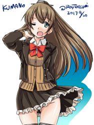 Rule 34 | 10s, 1girl, ;o, blue eyes, brown hair, brown skirt, character name, cowboy shot, dated, kantai collection, kumano (kancolle), one eye closed, panties, pleated skirt, ponytail, ribbon, school uniform, skirt, solo, tatsumi ray, twitter username, underwear, white background, white panties, wind, wind lift