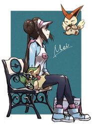Rule 34 | 1girl, absurdres, akiwashi, bag, bench, black pantyhose, bow, brown hair, character name, closed mouth, commentary request, creatures (company), double bun, eating, from side, game freak, gen 5 pokemon, hair bun, highres, holding, legendary pokemon, long hair, mythical pokemon, nintendo, one-hour drawing challenge, pantyhose, pantyhose under shorts, pink bow, pokemon, pokemon (creature), pokemon bw2, raglan sleeves, rosa (pokemon), shoes, short shorts, shorts, sitting, smile, sneakers, snivy, twintails, unworn bag, victini, visor cap, yellow shorts