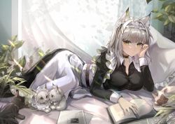 Rule 34 | 1girl, absurdres, alternate costume, animal ears, apron, arknights, black collar, black dress, book, breasts, cat, cat ears, cleavage, closed mouth, collar, commentary, curtains, dress, english commentary, enmaided, feet out of frame, green eyes, hair intakes, hand in own hair, highres, indoors, kal&#039;tsit (arknights), large breasts, long sleeves, looking at viewer, lying, maid, maid headdress, medium hair, multiple cats, on bed, on stomach, open book, paper, pillow, puffy long sleeves, puffy sleeves, silver hair, solo, sunlight, tabayashi, white apron, window