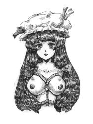 Rule 34 | 1girl, bad id, bad pixiv id, bdsm, blunt bangs, bondage, bound, bow, breasts, collarbone, crescent, crescent hat ornament, female focus, greyscale, hair bow, hat, hat ornament, ink (medium), long hair, looking at viewer, medium breasts, monochrome, nipples, nude, nurumayo rio (pixiv18242), nurumayu on, patchouli knowledge, rope, shibari, simple background, solo, touhou, traditional media, upper body, very long hair, white background