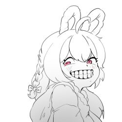 Rule 34 | 1girl, braid, female focus, h@nk, long hair, monochrome, phase connect, pink eyes, pipkin pippa, rabbit ears, rabbit girl, solo, teeth, upper body