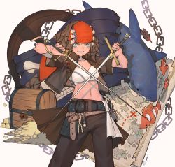 Rule 34 | 1girl, belt, blue eyes, blush, breasts, brown hair, clownfish, dual wielding, fish, holding, holding sword, holding weapon, lanzi (415460661), looking at viewer, map, medium breasts, midriff, navel, original, parted lips, pirate, shark, short hair, sketch, smile, solo, sword, teeth, treasure chest, weapon
