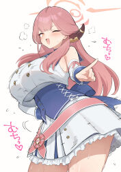 Rule 34 | 1girl, aru (blue archive), blue archive, blush, breasts, brown horns, choujiroo, cowboy shot, demon horns, detached sleeves, dress, halo, heart, highres, horns, large breasts, long hair, looking at viewer, mischievous straight uniform (blue archive), official alternate costume, one eye closed, open mouth, pink hair, pink halo, simple background, solo, sweat, thighs, white background, white dress, white sleeves, yellow eyes