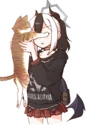 Rule 34 | 1girl, absurdres, animal, backpack, bag, black hair, black hoodie, blue archive, blush, brown cat, cat, choker, demon horns, demon wings, earclip, halo, hariyaa, highres, holding, holding animal, holding cat, hood, hoodie, horns, kayoko (blue archive), low wings, miniskirt, mole, mole on neck, multicolored hair, plaid, plaid skirt, pleated skirt, ponytail, red skirt, simple background, single wing, skirt, solo, two-tone hair, white background, white hair, wings