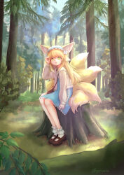 Rule 34 | 1girl, absurdres, animal ear fluff, animal ears, ankle socks, arknights, arm up, artist name, bag, blonde hair, blue hairband, blue skirt, bobby socks, brown bag, brown footwear, cardigan, commentary, flower, forest, fox ears, fox girl, fox tail, frilled hairband, frills, full body, genjaku, green eyes, hair flower, hair ornament, hair scrunchie, hairband, handbag, highres, kitsune, kyuubi, long hair, long sleeves, looking at viewer, mary janes, multiple tails, nature, neck ribbon, official alternate costume, open cardigan, open clothes, open mouth, outdoors, puffy long sleeves, puffy sleeves, red ribbon, ribbon, scrunchie, shirt, shoes, shoulder bag, sitting, sitting on tree stump, skirt, sleeves past wrists, socks, solo, stitches, suzuran (arknights), suzuran (spring praise) (arknights), tail, tree stump, twitter username, white shirt, white socks, yellow cardigan