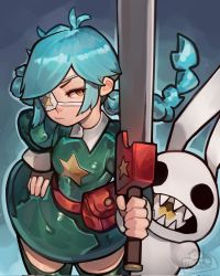 Rule 34 | 1girl, annie (skullgirls), belt, belt pouch, blue background, boots, eyepatch, from above, green hair, hand on own hip, highres, hoaiartworks, holding, holding sword, holding weapon, pouch, pout, sagan (skullgirls), sharp teeth, skirt, skullgirls, solo, stuffed animal, stuffed rabbit, stuffed toy, sword, teeth, thigh boots, thighhighs, twintails, weapon, yellow eyes