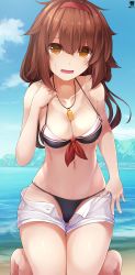 Rule 34 | 1girl, absurdres, adapted costume, bare legs, barefoot, beach, bikini, black bikini, breasts, brown eyes, brown hair, cleavage, collarbone, day, groin, hair between eyes, hairband, hibiki (zerocodo), highres, kantai collection, long hair, looking at viewer, medium breasts, navel, ocean, open clothes, open mouth, open shorts, red hairband, shiratsuyu (kancolle), shiratsuyu kai ni (kancolle), shorts, signature, solo, swimsuit, water, whistle, white shorts