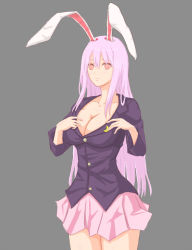 Rule 34 | 1girl, animal ears, bad id, bad pixiv id, blazer, blush, breasts, rabbit ears, cleavage, cowboy shot, crescent, crescent pin, jacket, large breasts, light frown, long hair, long sleeves, looking at viewer, moya-shi, orange eyes, pink eyes, pink hair, pink skirt, purple hair, reisen udongein inaba, simple background, skirt, solo, standing, thighs, touhou
