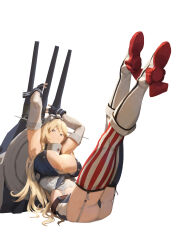 Rule 34 | 1girl, absurdres, american flag, american flag legwear, asymmetrical legwear, black panties, blonde hair, blue eyes, boots, breasts, cannon, elbow gloves, flag print, front-tie top, garter straps, gloves, hair between eyes, headgear, highres, huge breasts, iowa (kancolle), kantai collection, legs up, long hair, miniskirt, mismatched legwear, navel, panties, rigging, rudder footwear, sitting, skirt, smile, solo, star-shaped pupils, star (symbol), striped clothes, striped skirt, striped thighhighs, symbol-shaped pupils, thighhighs, turret, underwear, vertical-striped clothes, vertical-striped skirt, vertical-striped thighhighs, very long hair, ye fan