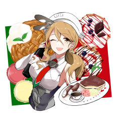 Rule 34 | 10s, 1girl, blueberry, bottle, breasts, brown eyes, brown hair, cake, coffee, coffee cup, cup, disposable cup, food, fruit, holding, holding bottle, kantai collection, large breasts, littorio (kancolle), long hair, morinaga miki, necktie, one eye closed, open mouth, ponytail, red necktie, shirt, sleeveless, sleeveless shirt, smile, solo, strawberry, wavy hair, white shirt, wine bottle