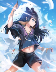 Rule 34 | 1girl, advarcher, animal ears, arm up, bird, black hair, black shirt, black shorts, blonde hair, blue eyes, closed mouth, cloud, cloudy sky, cowboy shot, fingerless gloves, gloves, highres, holding, hololive, hololive english, looking away, midriff, mole, mole under eye, multicolored hair, navel, ninomae ina&#039;nis, pointy ears, profile, shirt, short sleeves, shorts, sidelocks, sky, solo, streaked hair, virtual youtuber, wind, yellow gloves