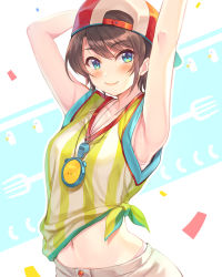 Rule 34 | 1girl, armpits, arms up, backwards hat, baseball cap, bird, blue eyes, brown hair, collarbone, confetti, duck, food, fork, hat, highres, himamo, hololive, midriff, navel, oozora subaru, oozora subaru (1st costume), sausage, shirt, short hair, smile, solo, stopwatch, striped clothes, striped shirt, tied shirt, vertical-striped clothes, vertical-striped shirt, virtual youtuber, watch