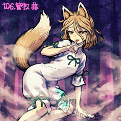 Rule 34 | 1girl, animal ears, blonde hair, bow, forest, fox ears, fox tail, green bow, green neckwear, hair between eyes, hand up, jumpsuit, kudamaki tsukasa, lowres, meimaru inuchiyo, nature, open mouth, purple background, short hair, solo, tail, touhou, tree, white jumpsuit, yellow eyes