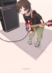 Rule 34 | 1girl, amplifier, artist name, bass guitar, blush, brown hair, closed mouth, collarbone, hair ornament, hairclip, highres, holding, holding instrument, holding plectrum, hood, hoodie, instrument, leaning forward, looking at viewer, okayparium, original, plectrum, red eyes, rickenbacker, rickenbacker 4003, shoes, short hair, sneakers, solo