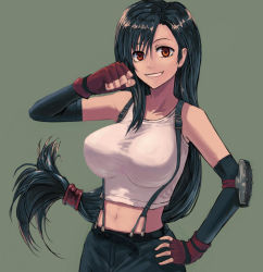 Rule 34 | 1990s (style), 1girl, black hair, breasts, brown eyes, chourui keiko, detached sleeves, final fantasy, final fantasy vii, fingerless gloves, gloves, grin, hand on own hip, highres, hip focus, huge breasts, large breasts, long hair, low-tied long hair, midriff, navel, retro artstyle, shirt, smile, solo, suspenders, taut clothes, taut shirt, tifa lockhart