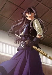 Rule 34 | 1girl, absurdres, black hair, bougu, bow, dojo, fate/stay night, fate (series), gloves, green eyes, hair bow, hakama, hakama skirt, highres, ishii kumi, japanese clothes, kendo, long hair, looking down, non-web source, shinai, skirt, solo, sweat, sword, tohsaka rin, twintails, two side up, weapon