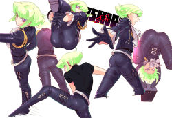 Rule 34 | androgynous, ass, bae (baebae), bent over, black gloves, black jacket, bulge, cuffs, gender request, gloves, green hair, half gloves, handcuffs, jacket, lio fotia, male focus, pants, promare, purple eyes, shiny clothes, short hair, tight clothes, tight pants, unworn jacket